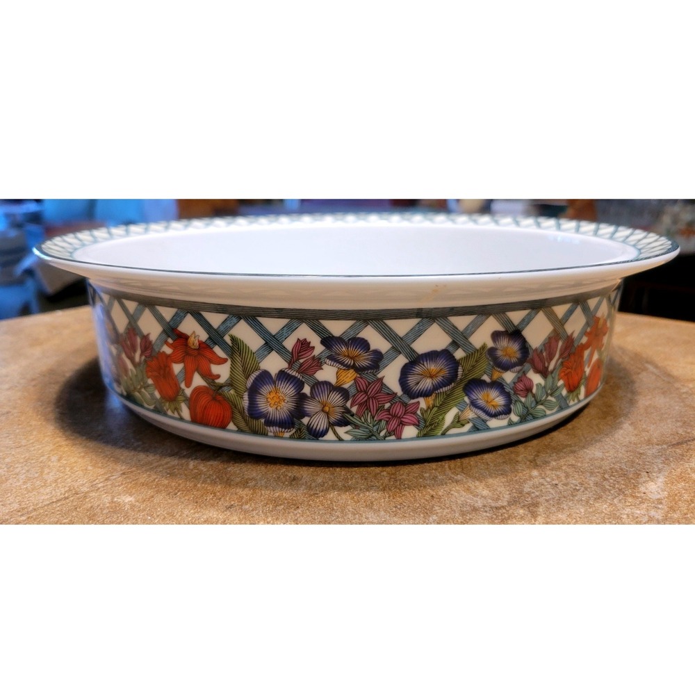 Dansk Nordic Garden Porcelain Serving Bowl Floral Trellis Blue White 11.25 Inch